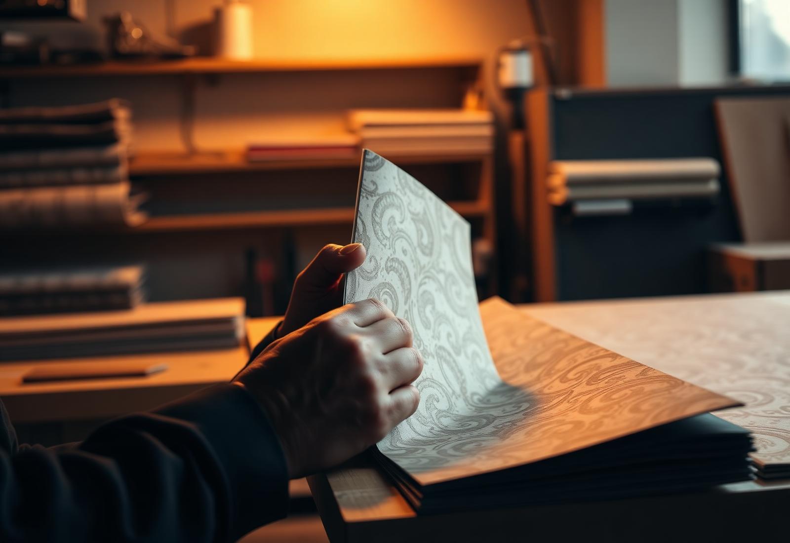 Craftsperson inspecting wallcovering sample